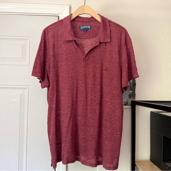 Vilebrequin red semi sheer linen slub knit polo popover short sleeve shirt